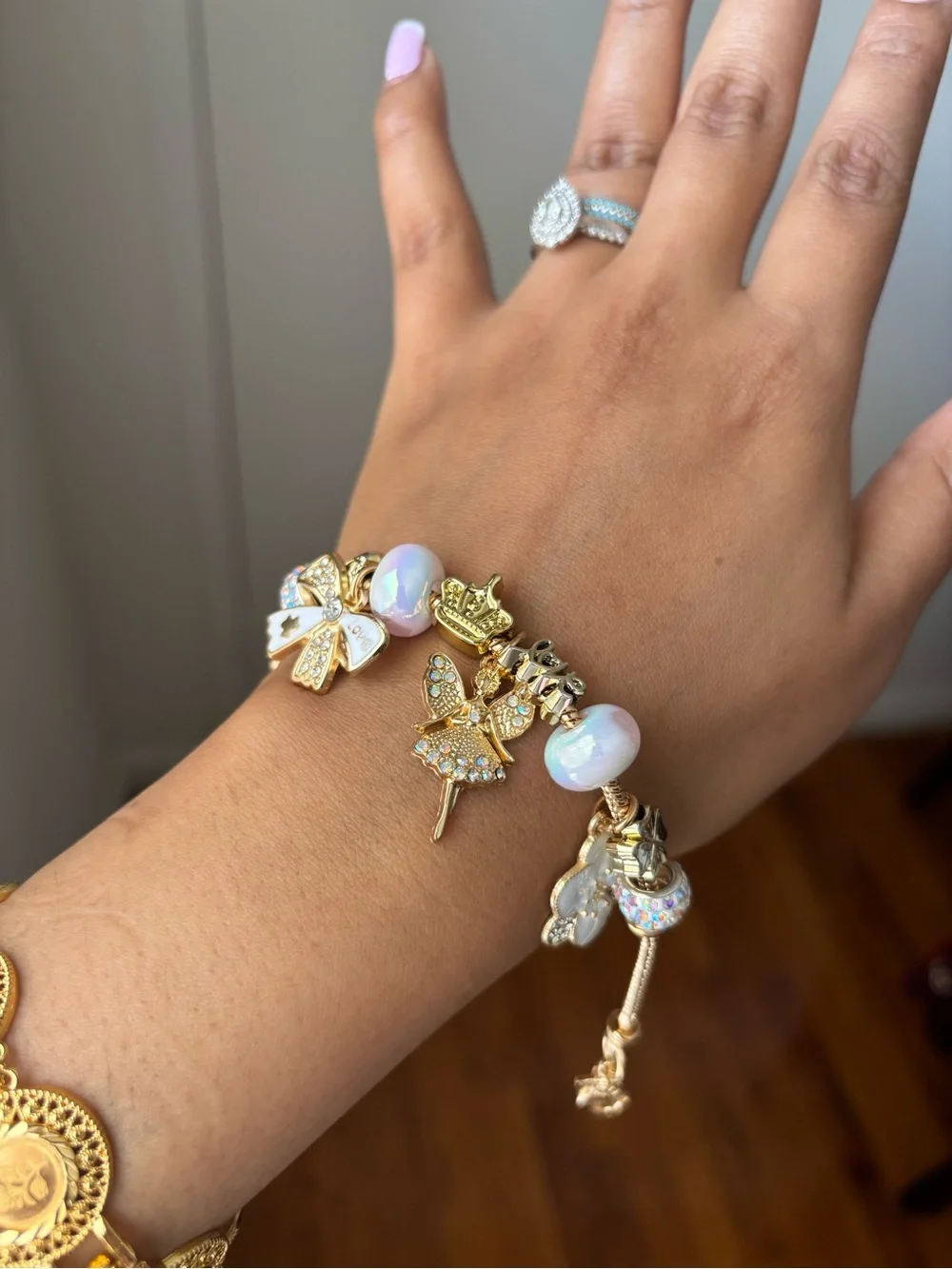 Gold Charm Bracelet with Iridescent Beads and Fairy Charms 🌸